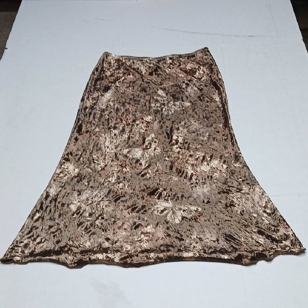 SHEIN Brown Gold Metallic Shimmer Butterfly Print Velvet A-Line Maxi Skirt Sz S